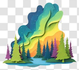 Forest In Night - Colorful Northern Lights Transparent PNG