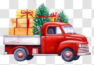 Red Truck - Vintage Red Truck With Gifts And Christmas Tree Transparent PNG