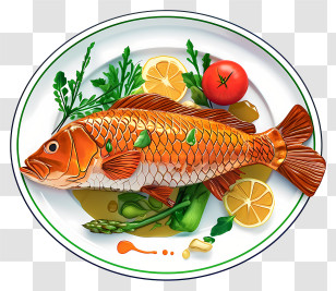 Psd 3d Fish Dish - Whole Cooked Fish With Vegetables And Lemon Transparent PNG