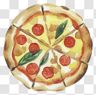 Cartoon - Watercolor Pizza Illustration With Tomato And Basil Transparent PNG