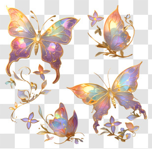 Pearlescent Decorative Butterfly - Colorful Gold Butterfly Set Transparent PNG