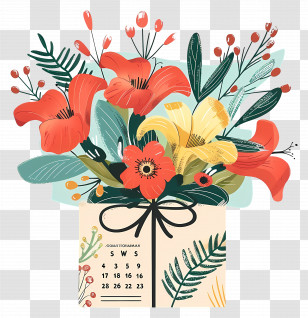 Gift - Beautiful Flower Bouquet With Calendar Transparent PNG