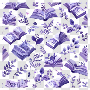 Books Pattern - Purple Books And Leaves Pattern Transparent PNG