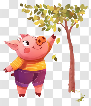 Cute Piglet - Pink Pig Reaching For Tree Leaves Transparent PNG