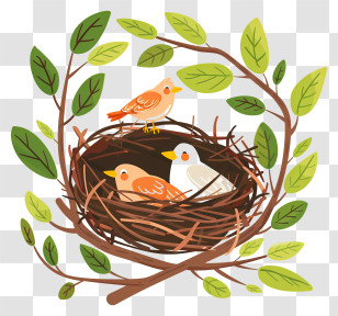 Bird Nest - Illustration Of Birds In A Nest With Leaves Transparent PNG