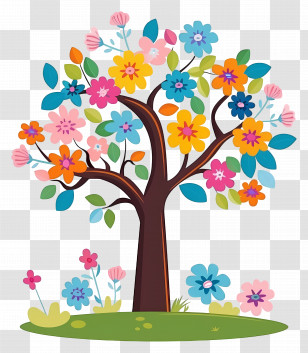 Cartoon Tree - Illustration Of A Tree With Colorful Flowers Transparent PNG