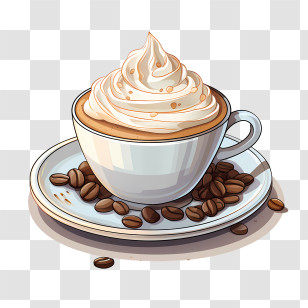 Coffee Cup - Coffee Cup With Whipped Cream And Coffee Beans Transparent PNG