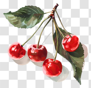 Maraschino Cherries - Bright Red Cherry Bunch With Leaves Transparent PNG