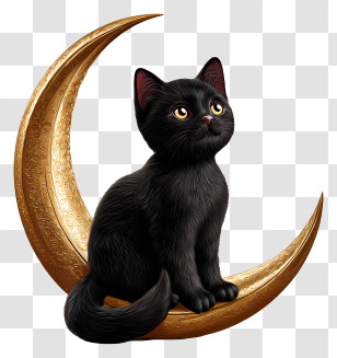 Black Cat With A Crescent Moon - Black Cat On Golden Crescent Moon Transparent PNG