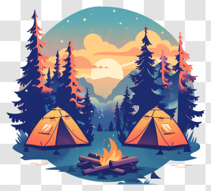 Summer Camp - Camping Scene With Tents And Bonfire Transparent PNG