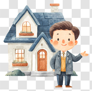 Real Estate Agent Giving House Tour - Cartoon House With Man Transparent PNG