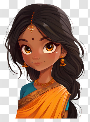 Indian Girl Cartoon - Animated Indian Girl In Traditional Wear Transparent PNG