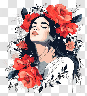 Vector Draw Character Design - Girl With Red Flowers Transparent PNG