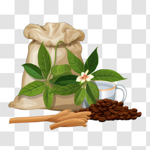 Coffee Beans Bag - Coffee Beans With Leaves And Cinnamon Transparent PNG