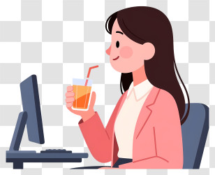 Woman Drinking Juice At Desk Transparent PNG