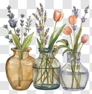 Cartoon - Three Floral Vases With Flower Bouquets Transparent PNG
