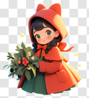 Cute Christmas Girl - Girl In Red Hood Holding Bouquet Transparent PNG