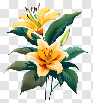Flower - Yellow Lily Flowers With Green Leaves Transparent PNG
