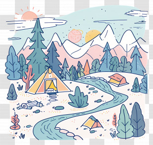 Summer Camp - Scenic Camping Landscape With Tents And Mountains Transparent PNG