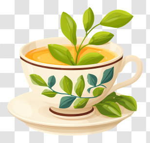 Cup Of Tea - Tea Cup With Green Leaves Transparent PNG