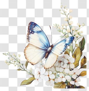 Vintage Spring - Beautiful Butterfly On White Flowers Transparent PNG
