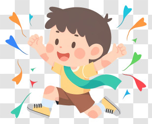 Boy Crossing Finish Line - Happy Cartoon Boy With Confetti Transparent PNG
