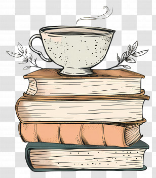 Books Drawing - Steaming Teacup Resting On Stack Of Books Transparent PNG