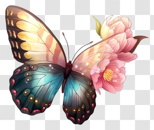 Cartoon Elegant Butterfly - Colorful Butterfly With Blooming Flower Transparent PNG