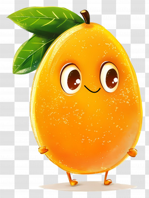 Cartoon Mango - Smiling Mango Cartoon Illustration With Green Leaves Transparent PNG