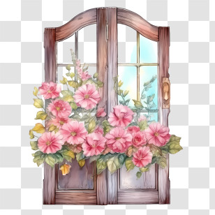 Wooden Door - Window Decorated With Pink Flowers Transparent PNG