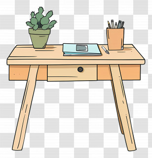 Desk - Wooden Desk With Office Supplies Transparent PNG