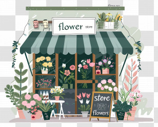 Flower Shop - Elegant Flower Store With Green Awning Transparent PNG