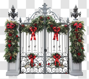 Wrought Iron Gate - Christmas Festive Decorated Gate With Wreaths And Ribbons Transparent PNG