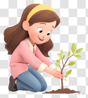 Girl Planting A Small Tree - Girl Planting A Tree Sapling Transparent PNG