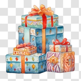 Watercolor Christmas Gifts - Stack Of Beautiful Gift Boxes With Ribbons Transparent PNG