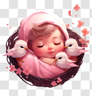 Baby - Adorable Baby Sleeping In Nest With Birds Transparent PNG