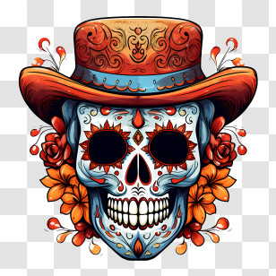Dia De Los Muertos - Sugar Skull With Decorative Hat And Flowers Transparent PNG
