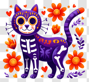 Day Of The Dead Inspired Cat - Colorful Day Of The Dead Cat With Flowers Transparent PNG