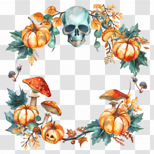Halloween Wreath - Halloween Wreath With Skull And Pumpkins Transparent PNG