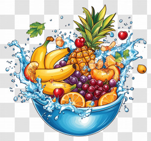 Fruits Salad - Bowl Of Mixed Fruits With Dynamic Water Splash Transparent PNG