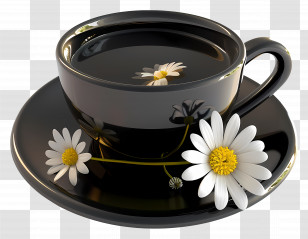 Black Tea - Black Teacup Decorated With White Daisies Transparent PNG