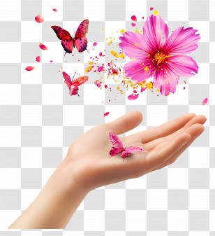 Flower Hand - Hand With Pink Butterflies And Flower Transparent PNG