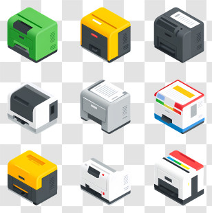 Set Of Printer Cartridges - Colorful Printers In Isometric Style Transparent PNG