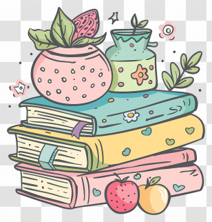 Doodle Book - Stack Of Colorful Books With Fruits And Plants Transparent PNG