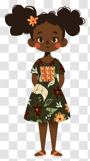 African Girl - Cartoon Girl In Floral Patterned Dress Transparent PNG