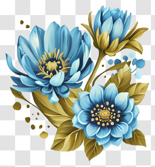 Blue Flowers - Elegant Blue And Golden Floral Design Transparent PNG