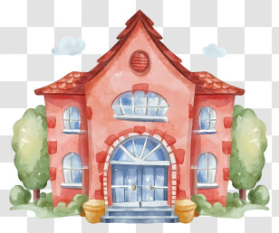 Watercolor Illustration - Red House With Trees In Watercolor Style Transparent PNG