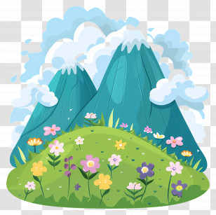 Mountain Range - Illustrated Mountains And Flower Field Landscape Transparent PNG