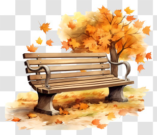 Wooden Bench - Autumn Bench With Falling Leaves Scene Transparent PNG
