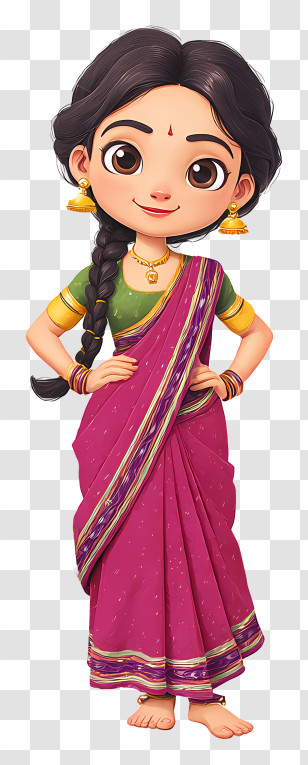 Indian Woman Wearing Magenta Saree - Indian Girl In Purple Sari Cartoon Transparent PNG
